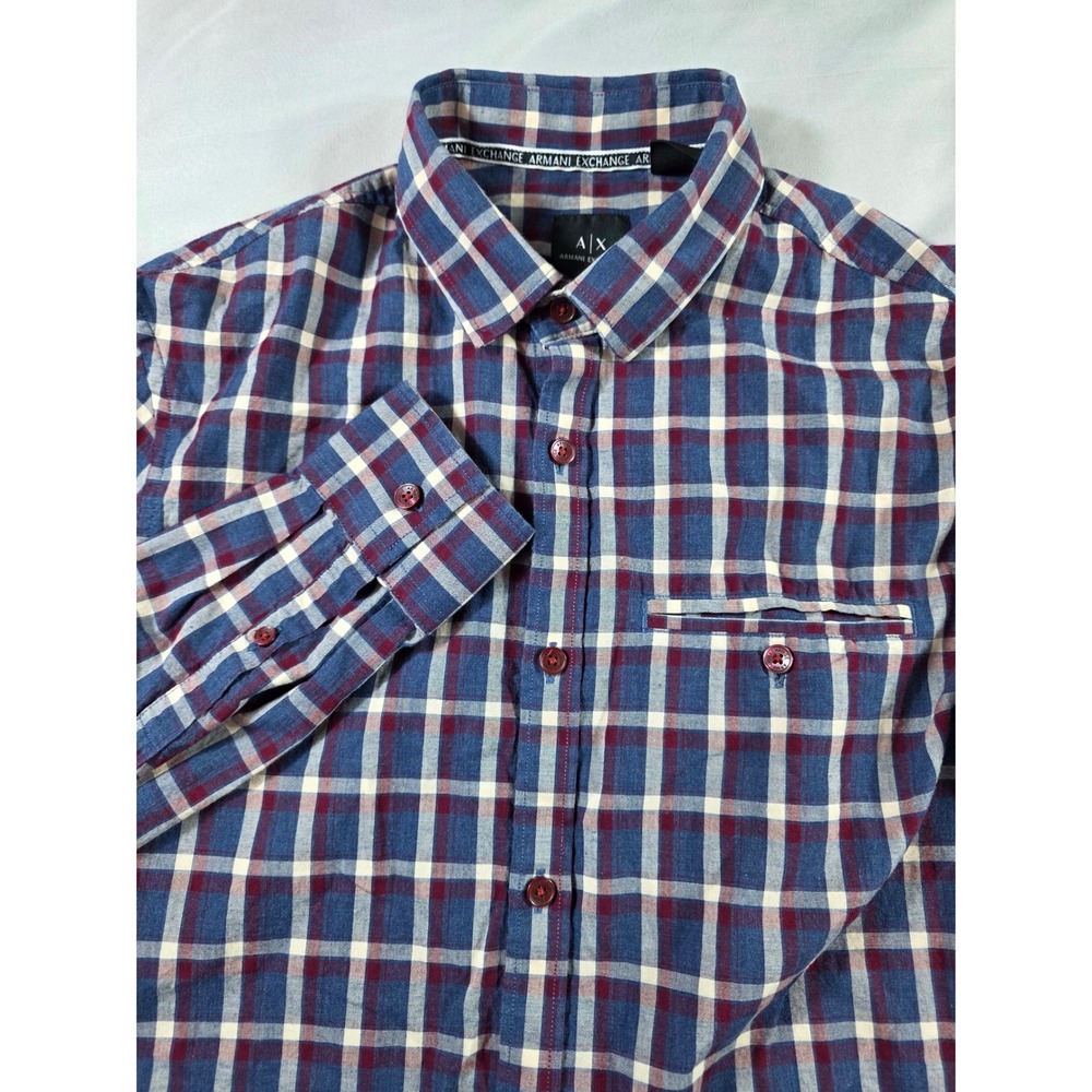 Armani Exchange Button Up Shirt Mens Small Blue Burgundy Plaid Regular Fit